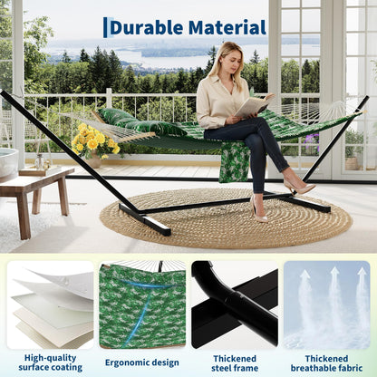 2 Person Double Hammock with Adjustable Steel Stand & Pillow, Heavy Duty Portable Outdoor Hammock Set, MAX 450 LBS Weight Capacity for Patio, Garden, Beach, Backyard