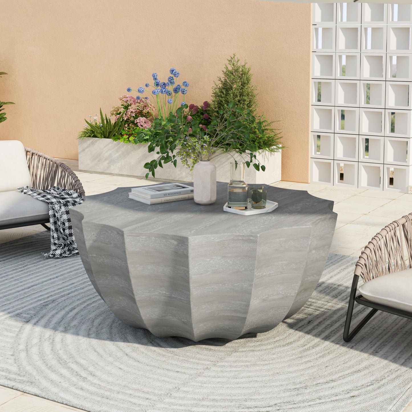 GDFStudio 35.43" Modern Indoor Outdoor Coffee Table, Waterproof Cement Round Table, MgO Concrete Circle Side Table, Creative Small Table for Patio Backyard Living Room, Fully Assembled, Marble+White