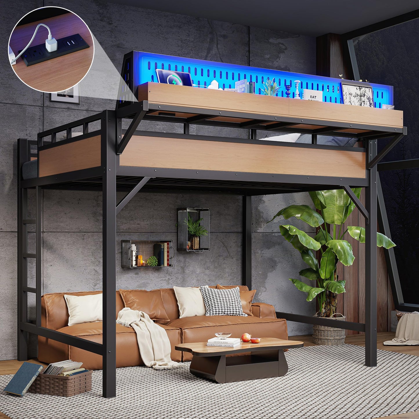 KEIKI Queen Size Loft Bed Frame with Storage Shelves & Pegboard, Modern Metal Loft Bed with USB Ports and LED Lights for Adults Studio Apartments Home Offices & Multifunction Bedrooms