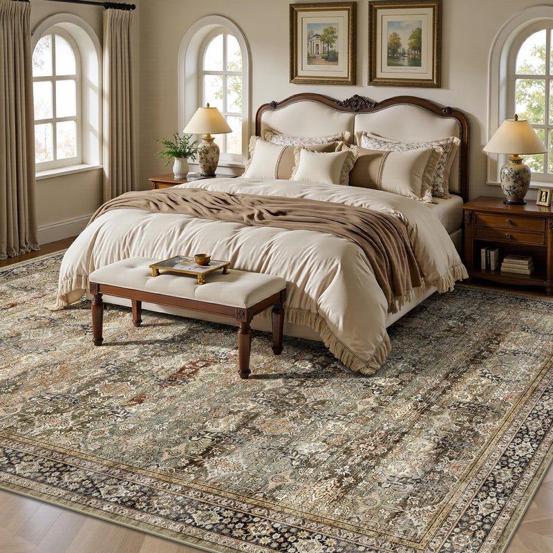 Yarooge 8x10 Area Rugs for Living Room - Washable Vintage Retro Large Rug, Soft Ultra Thin Non Slip Low Pile Traditional Distressed Boho Carpet for Bedroom Dining Room Home Office, Charcoal Olive