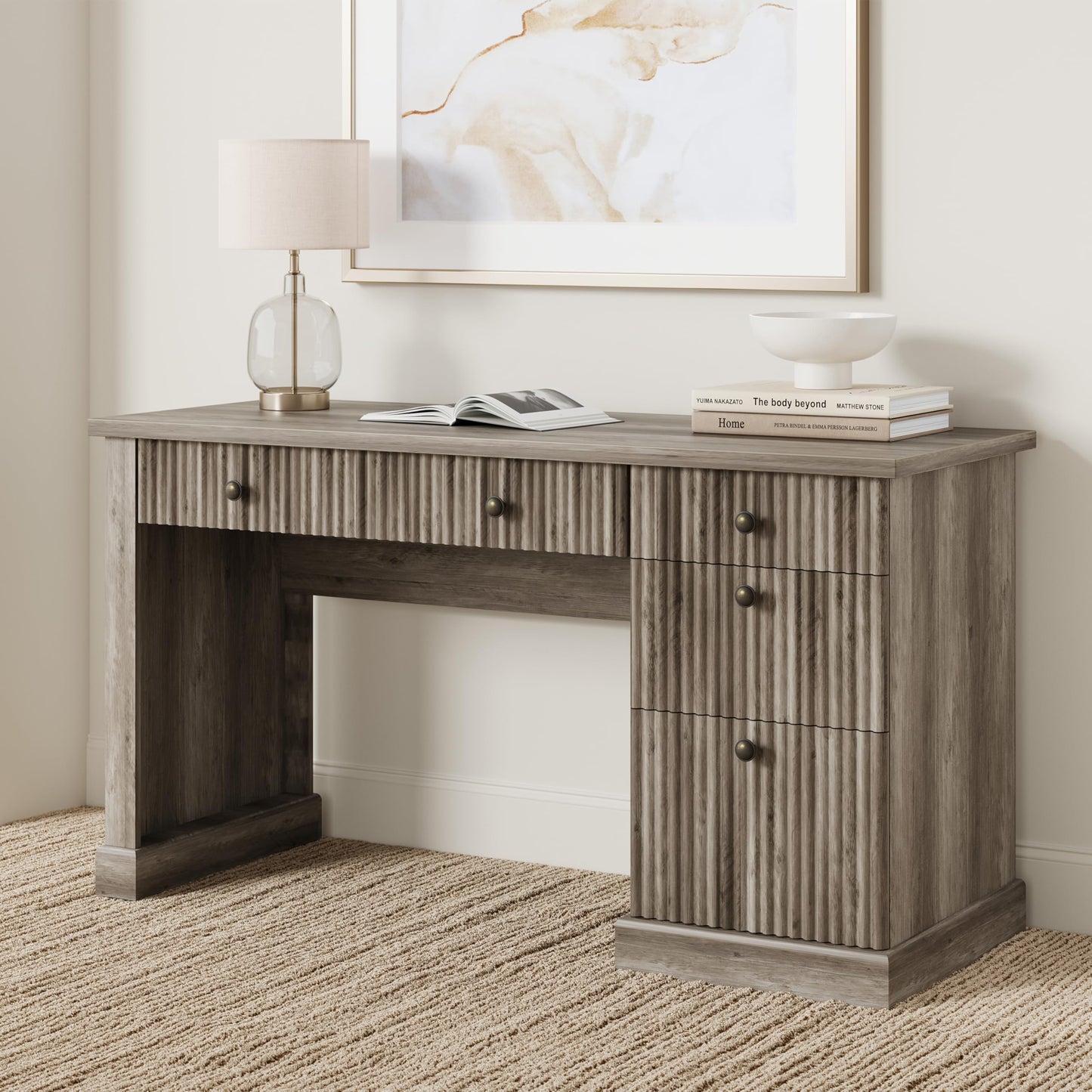 IDEALHOUSE Modern 54" Executive Office Desk with Fluted Details & Charging Station - Wooden Computer Desk with File Drawers, Home Office Storage Desk for Study, Living Room or Bedroom, Rustic Gray