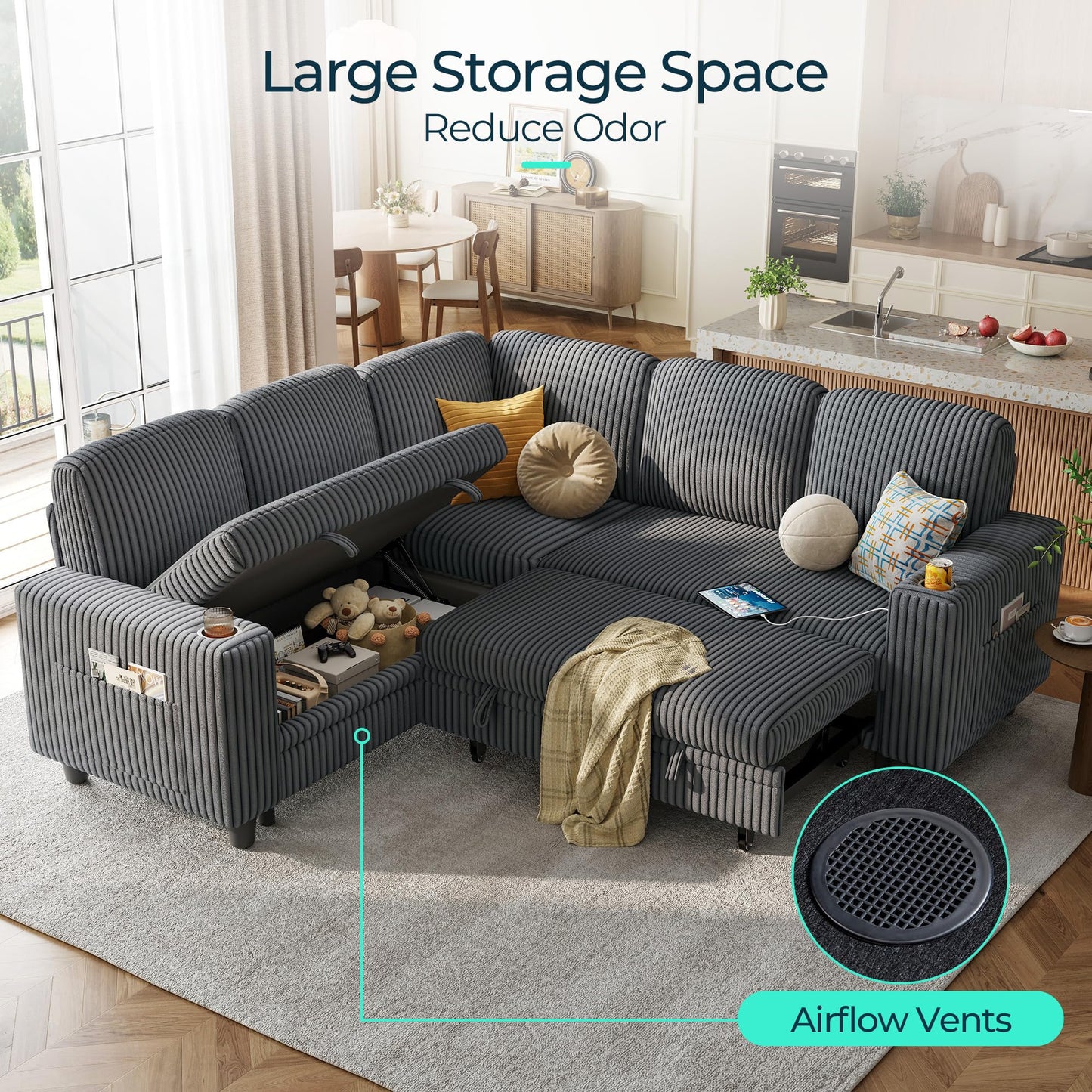 LINSY HOME Sectional Sleeper Sofa with Pull Out Couch Bed - Convertible Plush Corduroy Cloud Couch with Storage Chaise & USB Charging, Comfy L Shaped Modular Couches for Living Room Apartment (Grey)