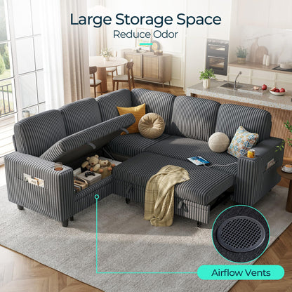 LINSY HOME Sectional Sleeper Sofa with Pull Out Couch Bed - Convertible Plush Corduroy Cloud Couch with Storage Chaise & USB Charging, Comfy L Shaped Modular Couches for Living Room Apartment (Grey)