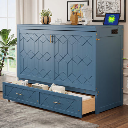 Merax Queen Size Murphy Cabinet Bed with Storage Drawers, Wall Murphy Bed with a Set of Sockets & USB Ports, Folding Platform Bed for Small Room