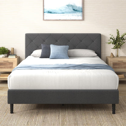 Zinus King Shalini Upholstered Platform Bed Frame with Headboard [New WonderBox(TM) Version], Wooden Slat Support, No Box Spring Needed, Easy Assembly, Eco Friendly Packaging, Dark Grey