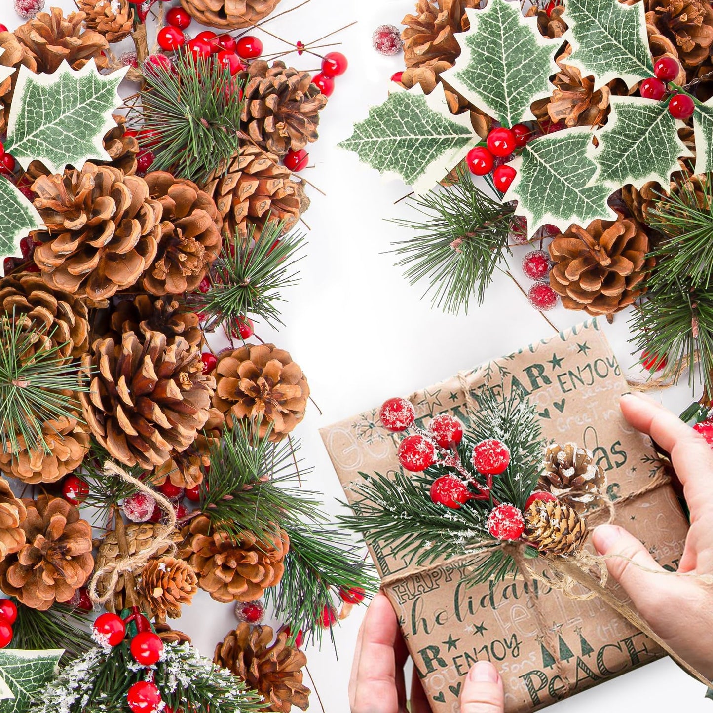 Christmas Pine Cones for Crafts Decorations 144PCS Natural Pine Cones & Artificial Pine Branch & Red Berry & Berry Stems Bulk, for DIY Crafts, Christmas Wreath & Bowl & Vase Filler, Table Decor