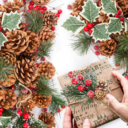 Christmas Pine Cones for Crafts Decorations 144PCS Natural Pine Cones & Artificial Pine Branch & Red Berry & Berry Stems Bulk, for DIY Crafts, Christmas Wreath & Bowl & Vase Filler, Table Decor