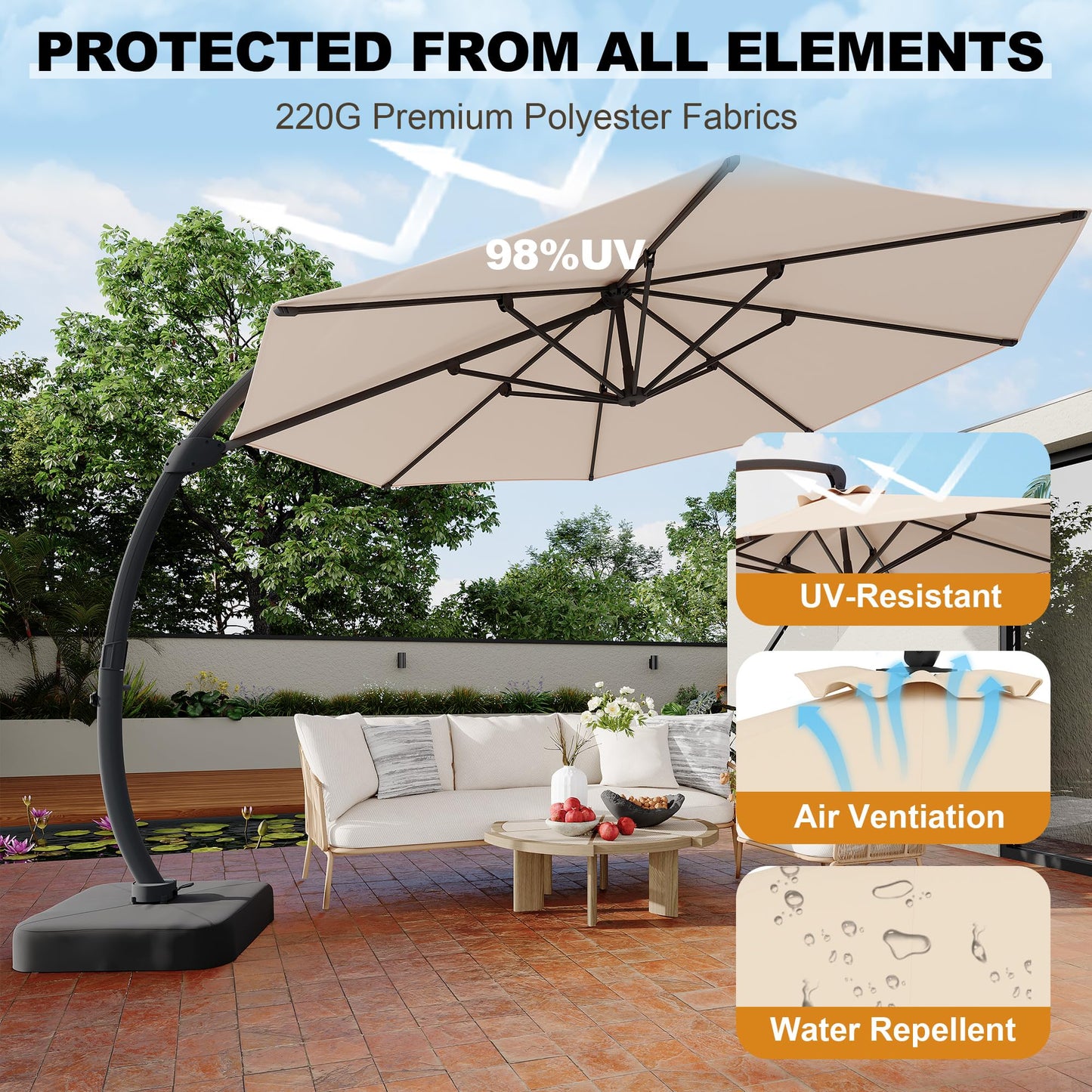 GarveeLife 11FT Cantilever Patio Umbrella With Base Included, Cantilevers Outdoor Umbrella Heavy Duty Offset, Aluminium Curved Cantilever Umbrella
