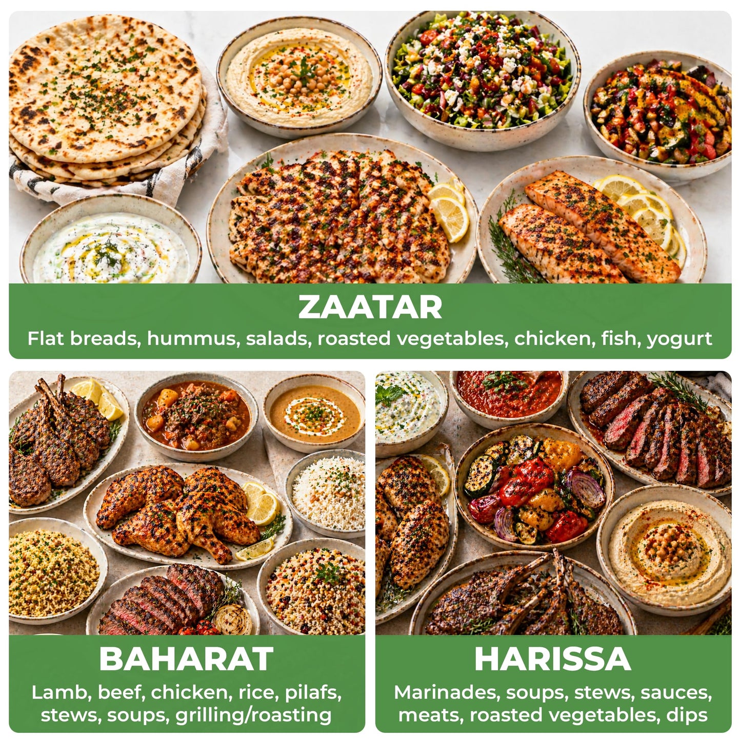 Spices of the Middle East – Zaatar, Baharat, Harissa – Arabic Seasonings in Decorative Box – Father’s Day Gift, Christmas, Mother’s, Premium Ingredients