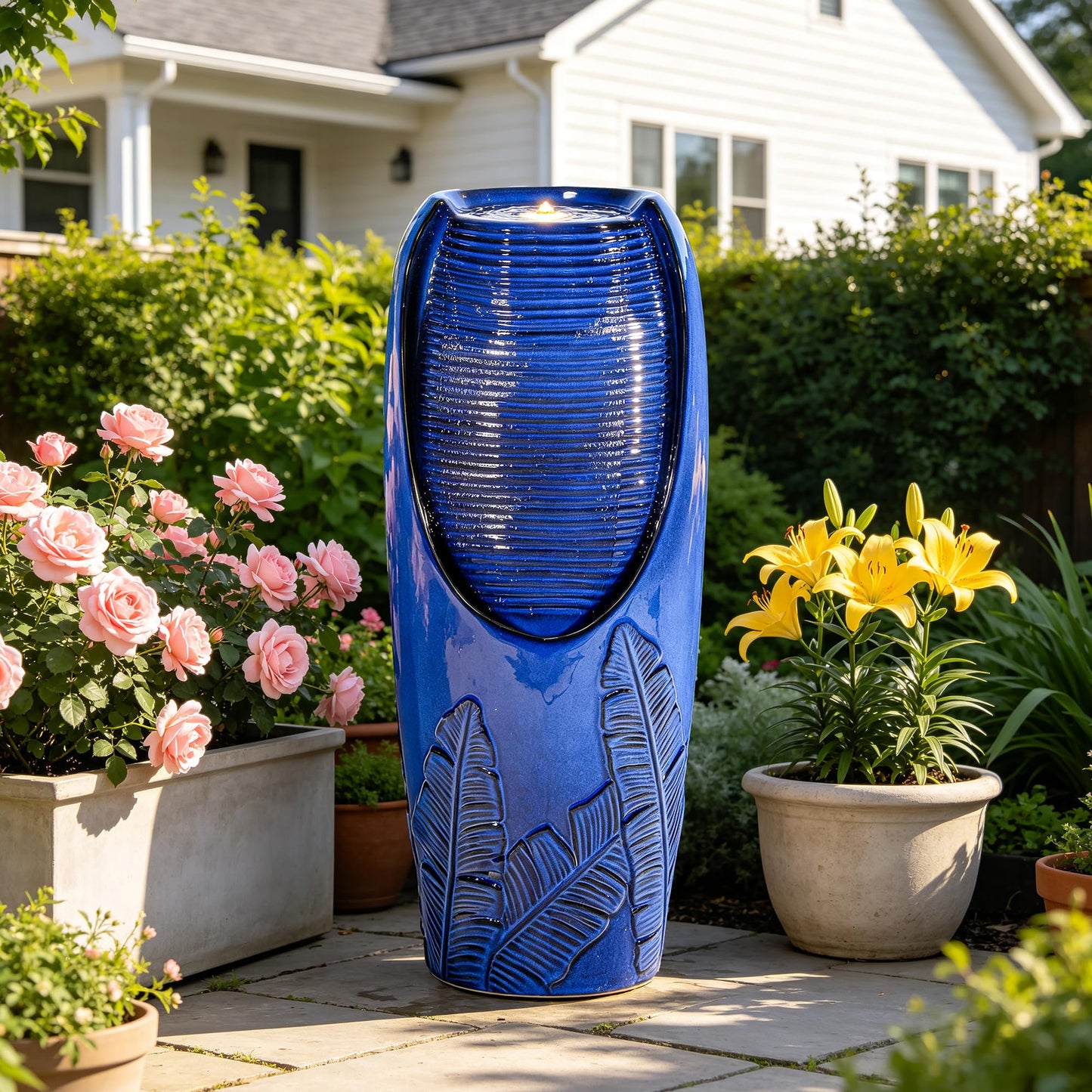 Autodaya 33" H Outdoor Garden Fountain with LED Lights, Modern Ceramic Jar Water Fountain, 3D Tropical Leaf Pattern, Cobalt Blue Glaze, Soothing Cascading Waterfall for Relaxing Patio, Yard, Porch