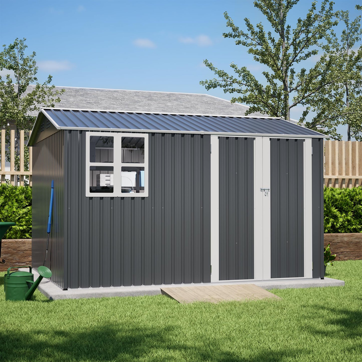 YOPTO 10X8 FT Outdoor Storage Shed,Metal Shed W/Window,Floor Frame & Lockable Swing Door,Garden Tool House W/ 4 Air Vents & Sloped Roof,for Backyard Patio Lawn,Gray