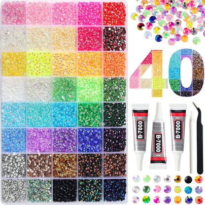 46000Pcs 40 Colors Jelly Rhinestones for Bedazzling, 3mm Resin Flatback Gems for Diamond Art, Bedazzler Kit with 3Pcs B7000 Jewelry Glue for Crafting Bedazzled Book Shoes Nail