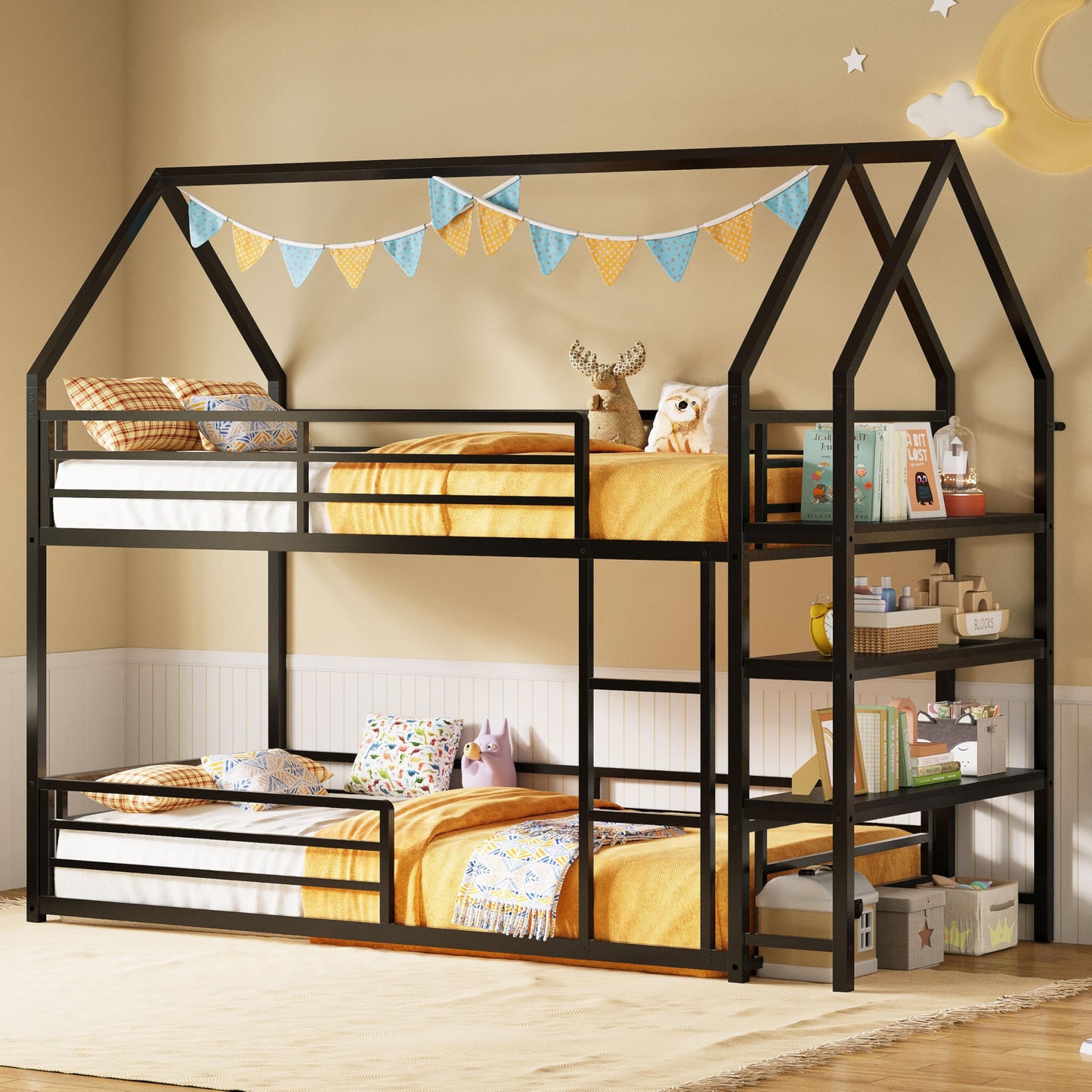LIKIMIO Bunk Bed Twin Over Twin, Twin Bunk Beds Frame with 3-Tier Storage Bookshelf, Metal Twin House Bed Ladder and Safety Guardrail, Space Saving for Apartment or Dorm, No Box Spring Needed, Black
