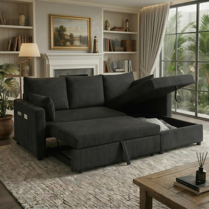 Trygoal Sectional Sleeper Sofa with Pull Out Bed, L Shape Convertible Sofa Bed Couch with Storage Chaise, 3 in 1 Pull Out Sofa Bed with 3 Seats for Living Room,Apartment, Black, 85Inch