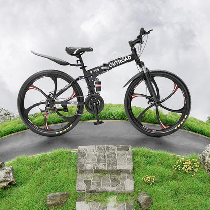MarKnig 26 Inch Adult Folding Bikes/Mountain Bikes, 21 Speeds Mountain Bicycles with Full Suspension, Dual Disc Brake, High Carbon Steel Frame, Foldable Bike for Men/Women/Teen, LH-Black