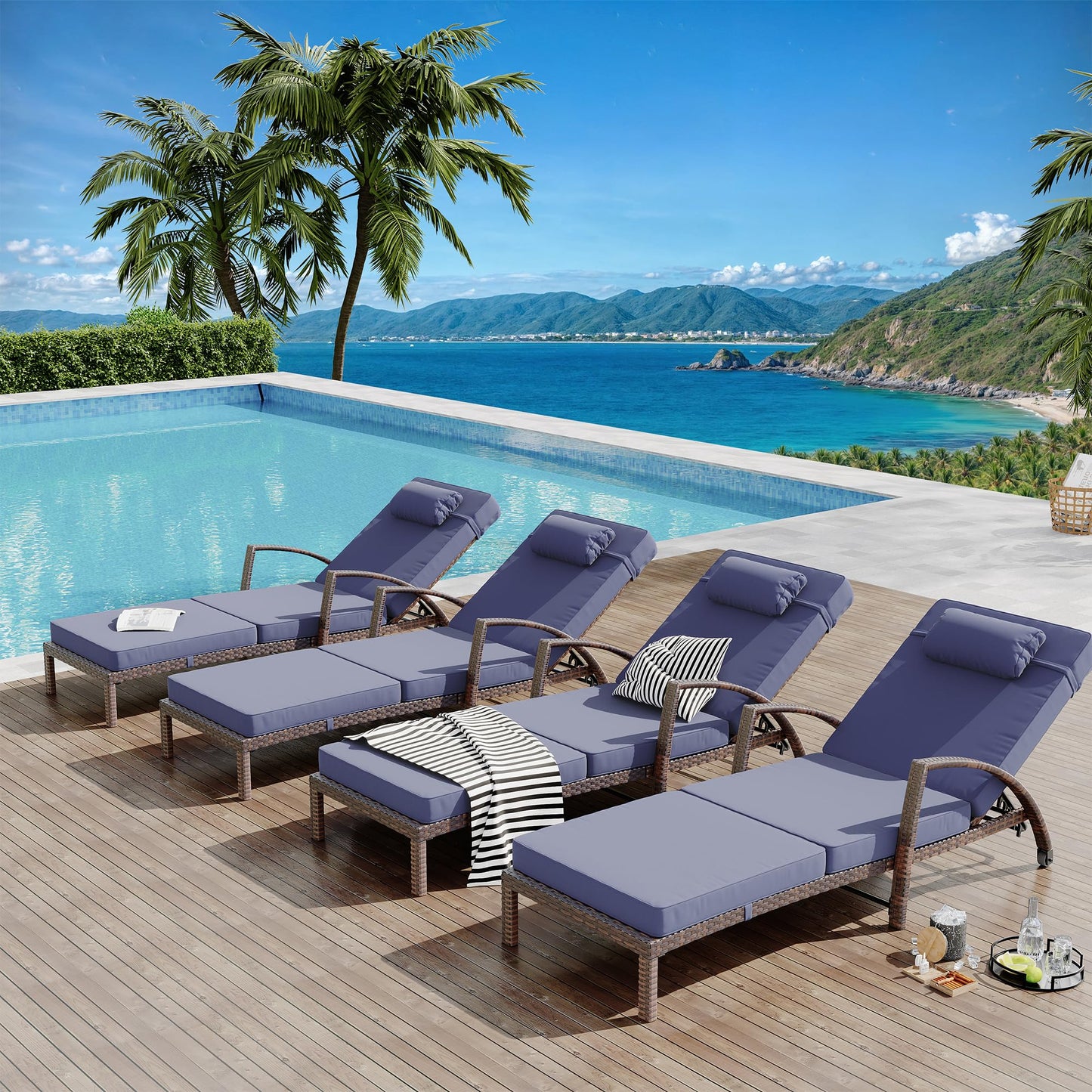 GarveeLife 2-Piece Rattan Patio Folding Chaise Lounge, 5-Position Adjustable Backrest Outdoor Lounge Chair with Cushion and Pillow for Poolside, Backyard, Deck, Porch, Blue