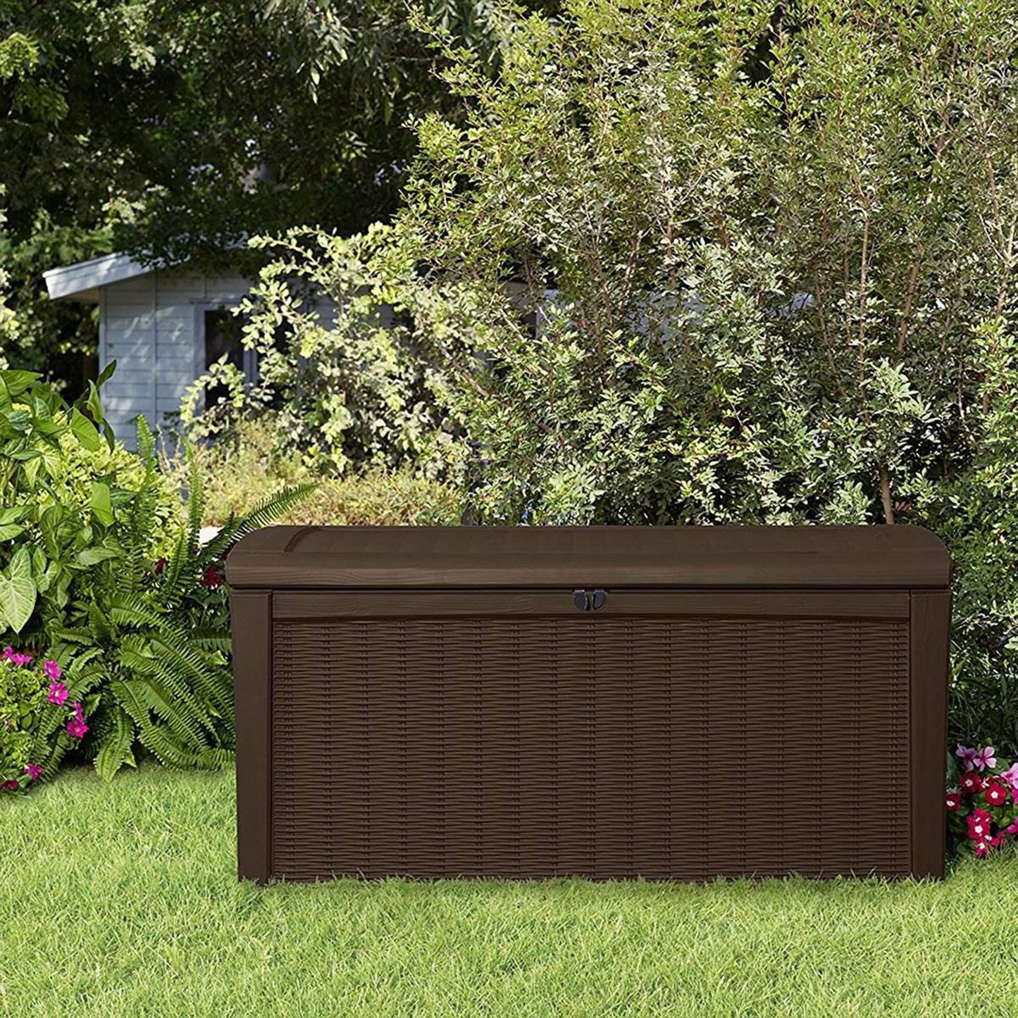Keter 2-Pack Borneo 110 Gallon Deck Box Organizer, Doubles as 2-Person Bench Seat, Brown – Large Resin Outdoor Storage and Seating with Lockable Lid for Garden, Pool, and Patio