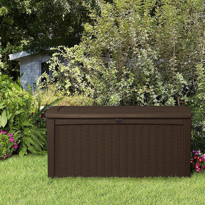 Keter 2-Pack Borneo 110 Gallon Deck Box Organizer, Doubles as 2-Person Bench Seat, Brown – Large Resin Outdoor Storage and Seating with Lockable Lid for Garden, Pool, and Patio
