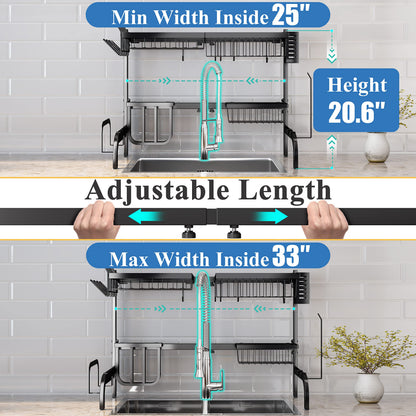 SAYZH Over The Sink Dish Drying Rack, Adjustable (25.5 to 33.5 inch) 2 Tier Metal Steel Dish Drying Racks for Kitchen Counter with Hooks Paper Towel Utensil Cup Holder Sink Caddy (Black)