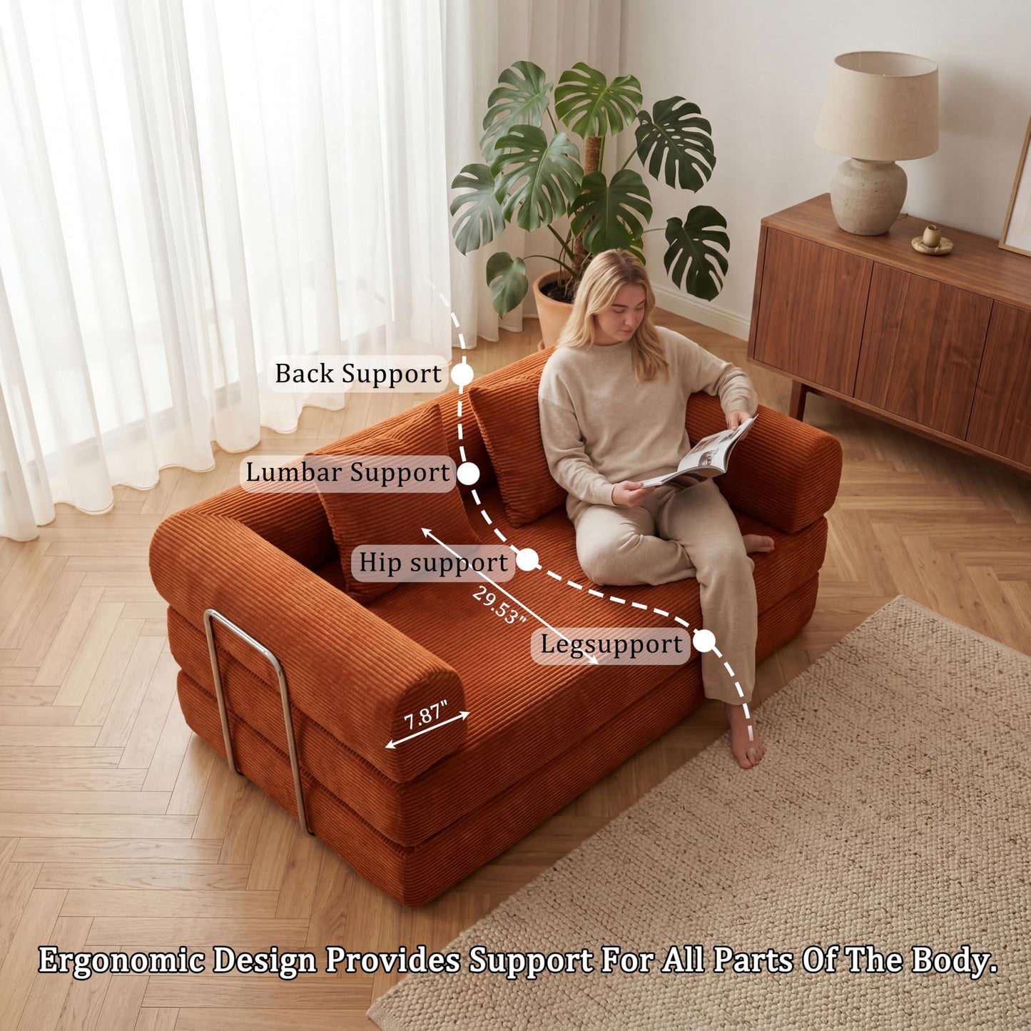53.15"Boneless Couch,4-in-1 Futon Sofa Bed Modular Loveseat Sleeper Folding Compressed Couch with Pillows,No Assembly Required Convertible Sofa Bed for Living Room Bedroom Guest Room,Orange
