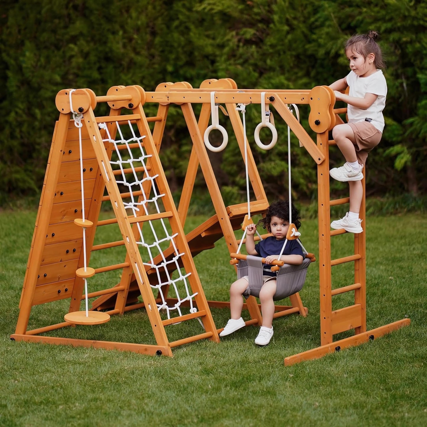 Avenlur 8-in-1 Small Indoor/Outdoor Playset – Foldable Wooden Kids Play Set for Backyard – Kid Playground for Toddlers Age 2–6 with Slide, Monkey Bars, 2 Ladders, 2 Swings, Rock Climbing, Gym Rings