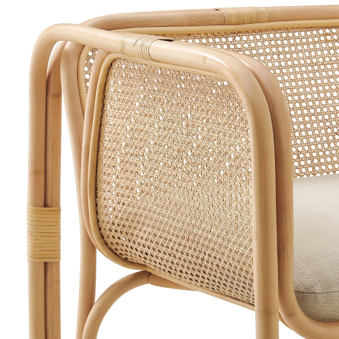 Ellis Natural Rattan Accent Armchair in Natural – Curved Low Lounge Chair with Cushioned Seat for Living Room, Sunroom, or Covered Patio