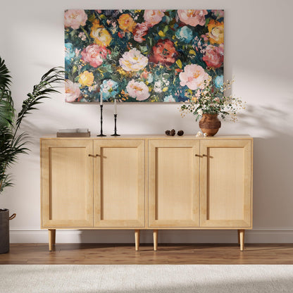 MoomJiee Rattan Door Storage Cabinet with Adjustable Shelves, Set of 2 New Wood Buffet Cabinet with Magnetic Design, Large Buffet Sideboard for Kitchen Living Room, Natural Oak