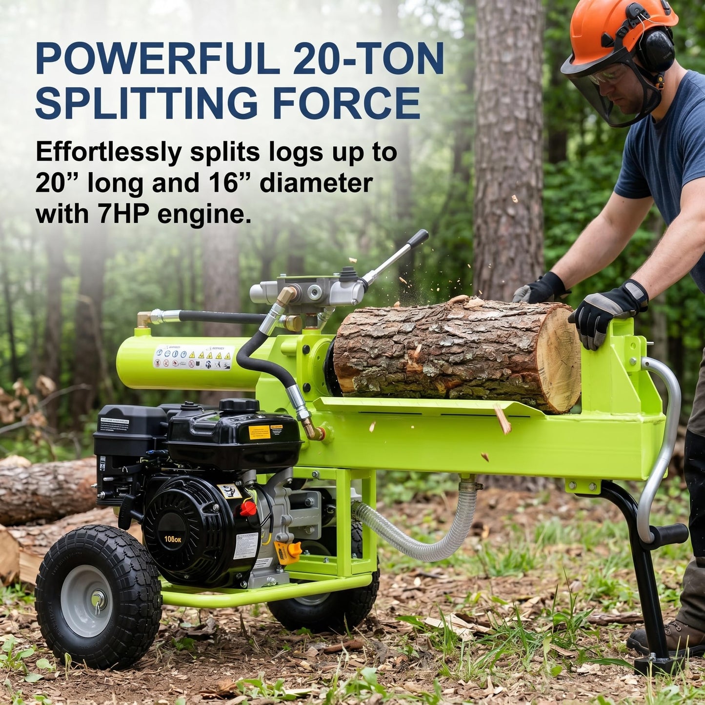 JUXEVY 20 Ton Portable Gas Powered Log Splitter with 7HP Engine and Auto Return Ram System, Heavy Duty Steel Firewood Wood Splitter for Forestry Harvesting, 8.0-Second Cycle Time, Green