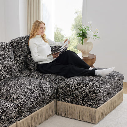 KEIKI 69.2" L Shaped Loveseat Sofa with Ottoman, Modular Chenille Leopard Print Couch with Tassel Trim, Deep Seat Sectional Sofa for Bedroom Lounge Setup