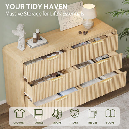 Decofy Fluted Drawers Dresser for Bedroom, Wood Dressers with Gold Handles, Modern Dressers with Wave Texture, Large Storage Chest of Drawers, Bedroom Dresser Organizer 55'' & 6 Drawers (Natural Oak)