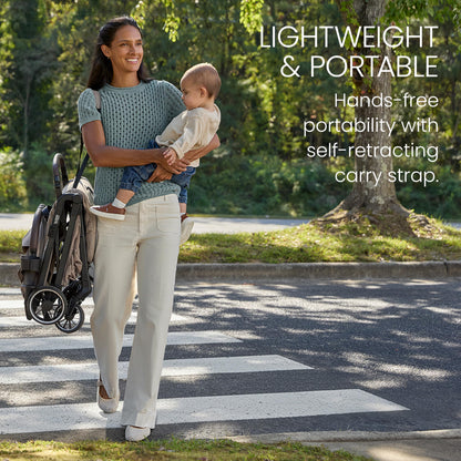 Britax Juniper+ Compact Stroller, Portable & Lightweight On-The-Go Stroller with Fastpack & One-Hand RapidFold, Infant Car Seat Compatible, Built-in Carry Strap, Ventilating Fabrics — Raven Black