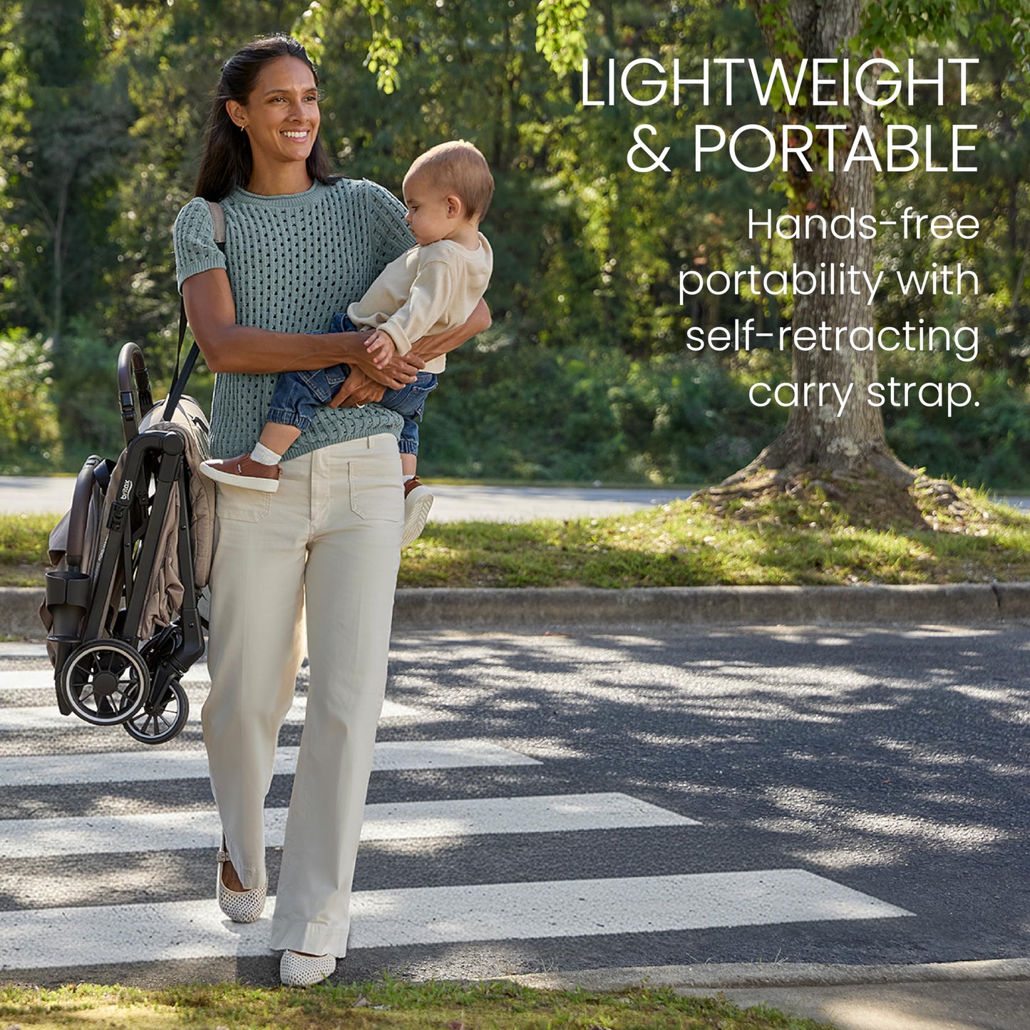 Britax Juniper+ Compact Stroller, Portable & Lightweight On-The-Go Stroller with Fastpack & One-Hand RapidFold, Infant Car Seat Compatible, Built-in Carry Strap, Ventilating Fabrics — Teak