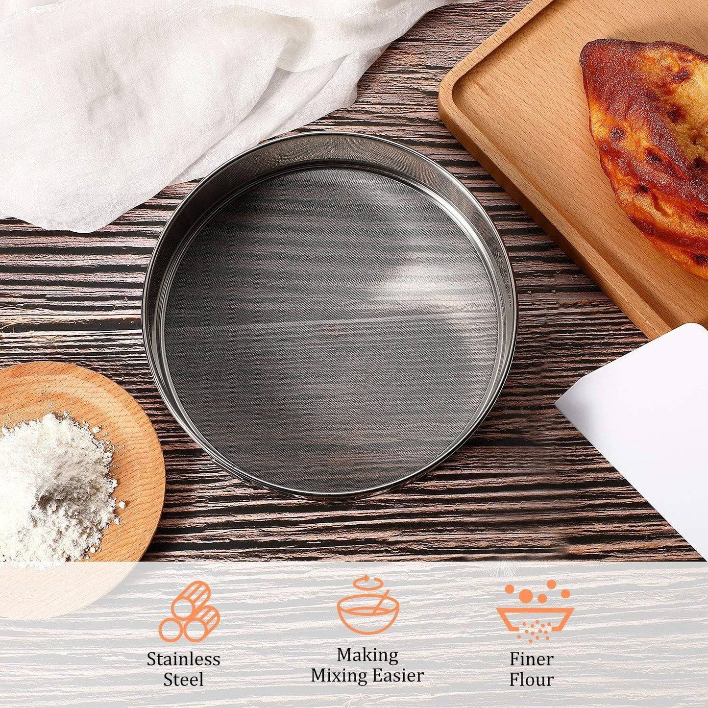 Sifter for Baking, Stainless Steel Round Flour Sifter with Dough Scraper, Diameter 6-8-10-12inch, Mesh-Hole Size 0.25mm
