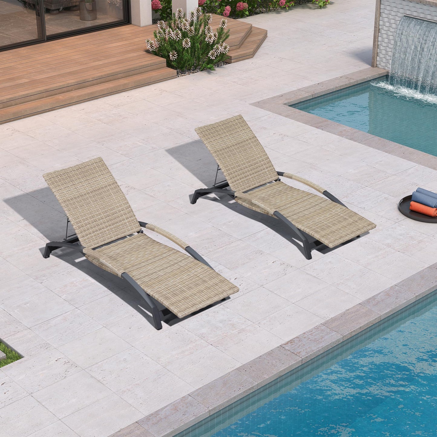 PURPLE LEAF Patio Chaise Lounge Chair Set of 2 Wicker Adjustable Recliner Tanning Chair for Outdoor Pool Beach Poolside Sunbathing Lounger Beige