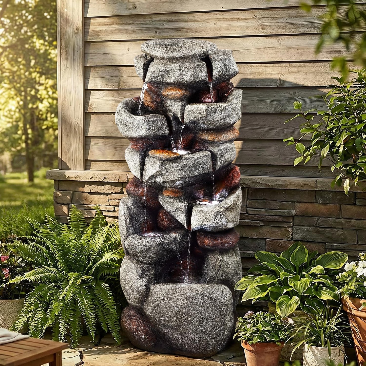 40" H Outdoor Water Fountain, Cascading Rock Waterfall Fountain with 6 White LED Lights, 7-Tiers Large Water Feature for Outdoor, Garden Water Fountain for Patio, Yark, Deck, Porch, Home Decor