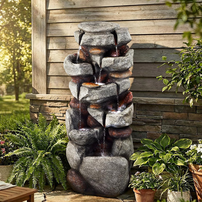 40" H Outdoor Water Fountain, Cascading Rock Waterfall Fountain with 6 White LED Lights, 7-Tiers Large Water Feature for Outdoor, Garden Water Fountain for Patio, Yark, Deck, Porch, Home Decor