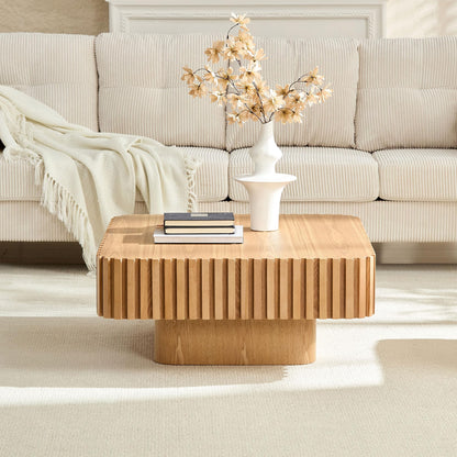 KEIKI 32" Handcraft Drum Square Wooden Coffee Table with Sturdy MDF Pedestal, Modern Style Solid Wood Relief Coffee Table, Easy Assembly, for Living Room, Bedroom, Reception Room, Natural Ash