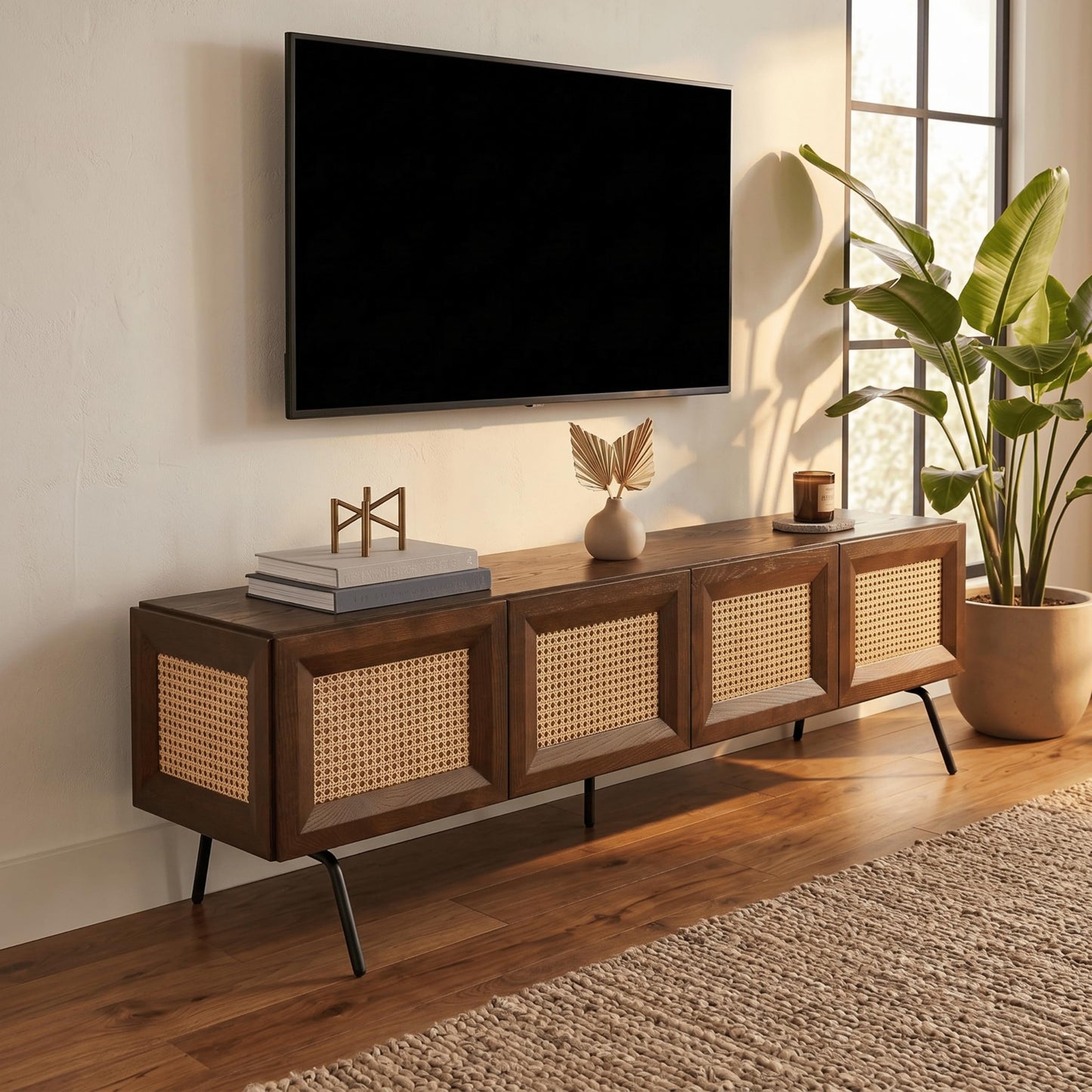NTC Mossic TV Media Cabinet with 4 Doors for TVs, Entertainment Center with Natural Rattan, Metal Legs, Modern Storage Console for Living Room and Bedroom, Effortless Assembly, Dark Walnut