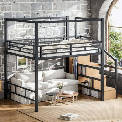 KEIKI Queen Size Metal Loft Bed Frame with with Canopy Frame & Storage Staircase & Wardrobe, Modern Loft Bed with Solid Slats & Guardrail, No Box Spring Required, Easy Assembly, for Bedroom, Black