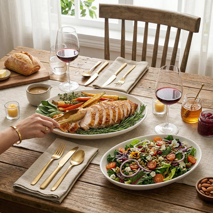 Gacoree Oval Serving Platters Set of 2 (14" & 12"), Large Deep Ceramic Serving Dishes for Entertaining, Turkey, Fish, Salad, Oven Safe White Porcelain Serving Plates