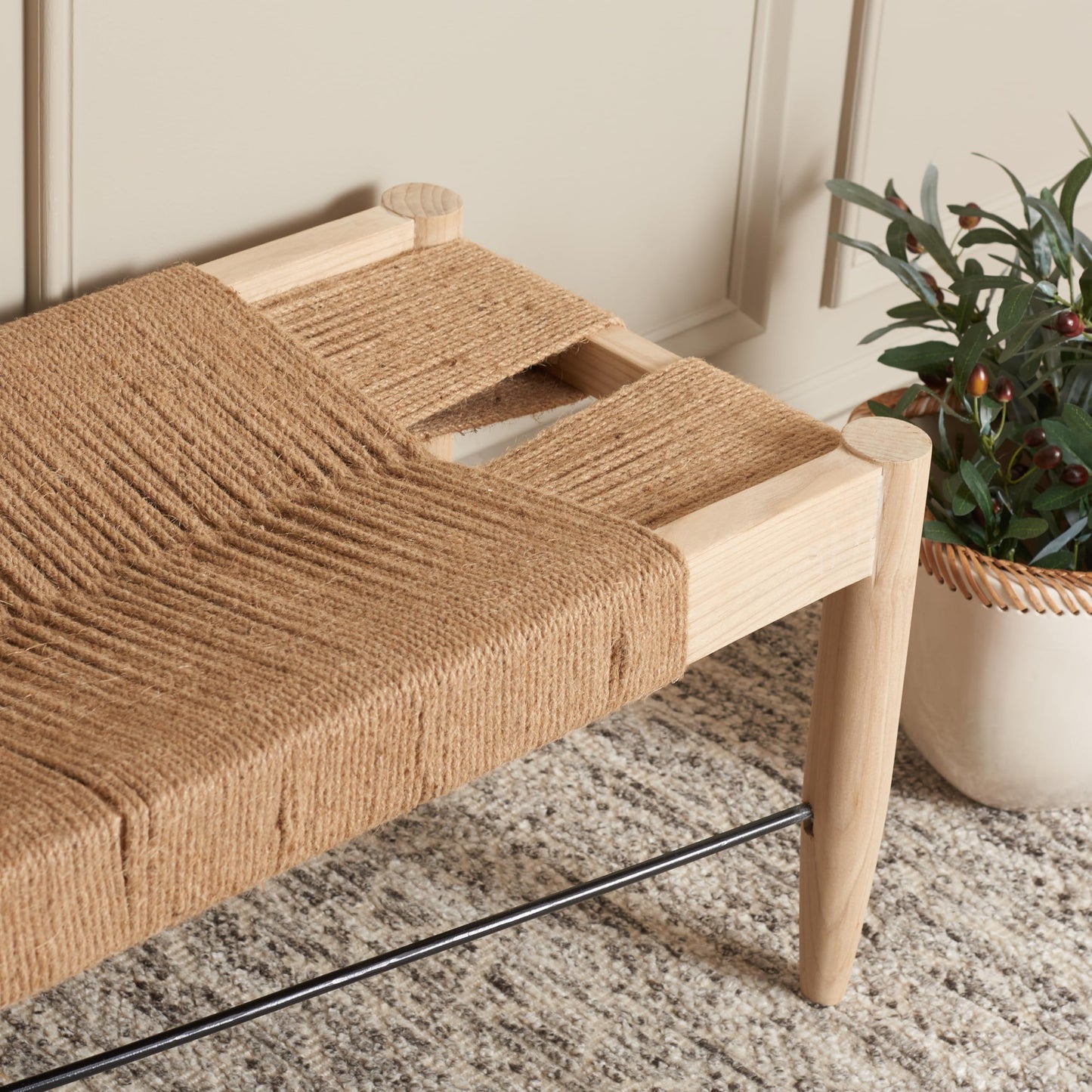 SAFAVIEH Home Collection Arcana Tropical Natural Jute Rope Sungkai Solid Wood Bench (Fully Assembled)