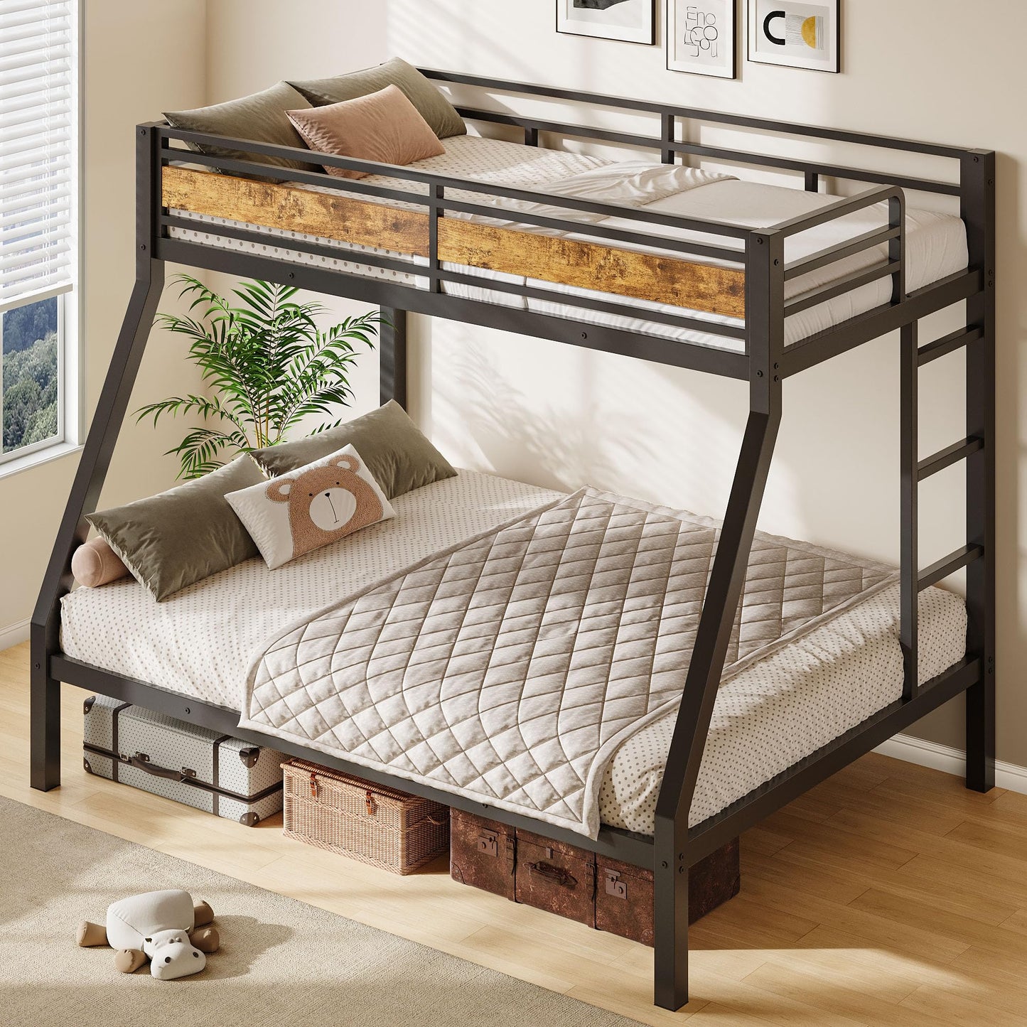 Feonase Bunk Beds Twin Over Full Size, Heavy Duty Metal Bunk Beds with Safety Guardrail & Ladders, Steel Loft Bed Frame for Teens and Adults, Apartment or Dorm, Noise Free & Easy Assembly, Retro
