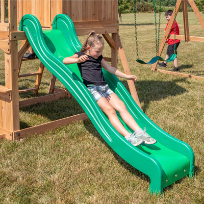 Backyard Discovery Montpelier Cedar Wood Swing Set, Wave Slide, Clubhouse, Monkey Bars, Picnic Area, Snack Bar, Belt Swings, Trapeze, Balcony, Playhouse, Working Door, Ladder, Outdoor Playset