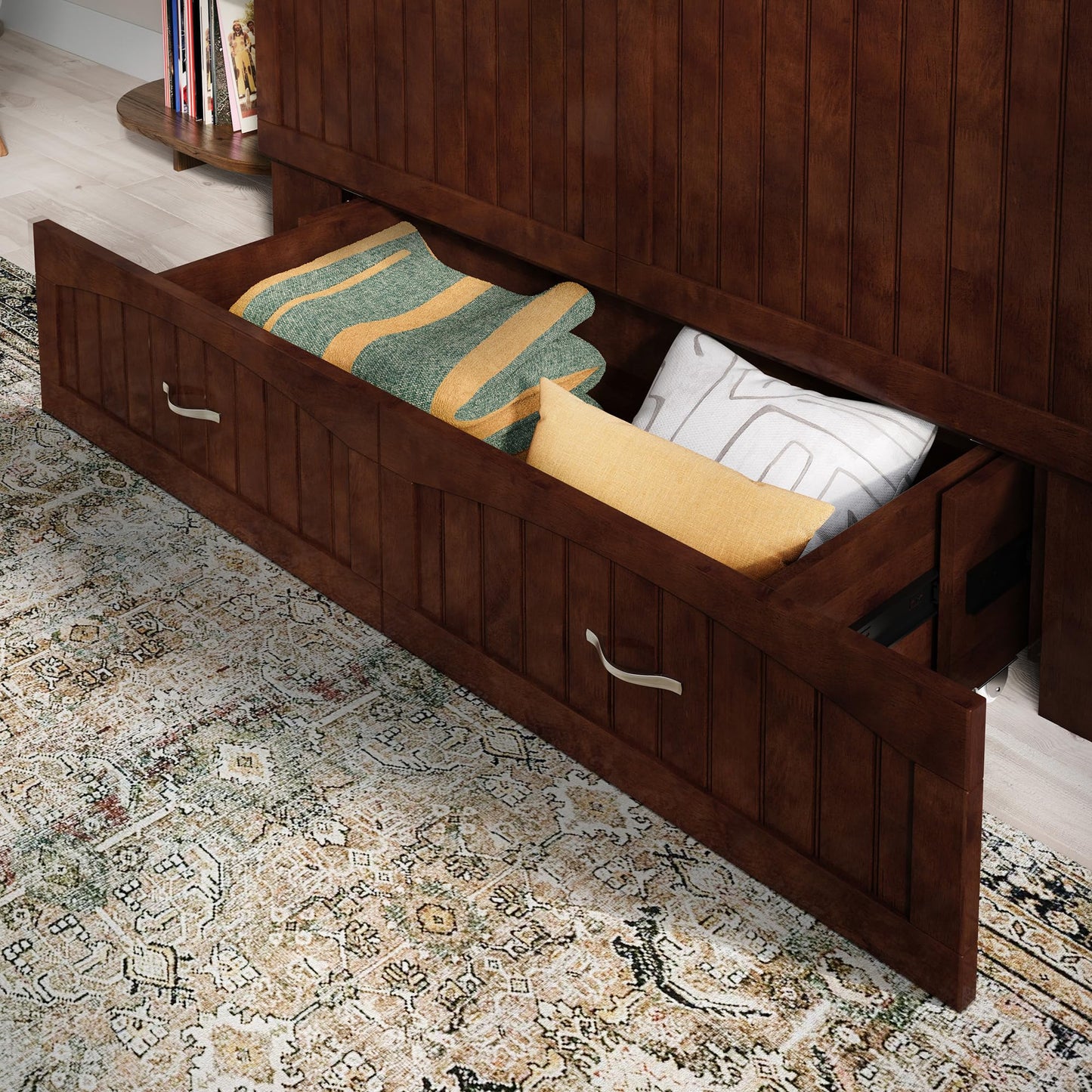 AFI, Aspen Mid-Century Modern Queen Solid Wood Murphy Bed Chest with 6" Mattress, Storage Drawer & Built-in USB Charger, Walnut