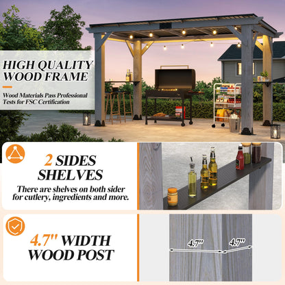 COVERONICS 12.5'x6.5' Outdoor Grill Gazebo - Hardtop Cedar Wood Gazebo with 2 Side Shelves and Galvanized Steel Roof, Patio Wooden BBQ Pergola for Porch, Garden and Backyard