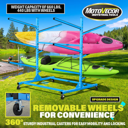 Indoor Outdoor Kayak Storage Rack with Lockable Wheels, Heavy Duty Adjustable Metal Stand for 6 Kayaks, Canoe, Paddle Board, SUP, Surfboard, Movable Metal Kayak Stand for Garage and Outdoor Storage