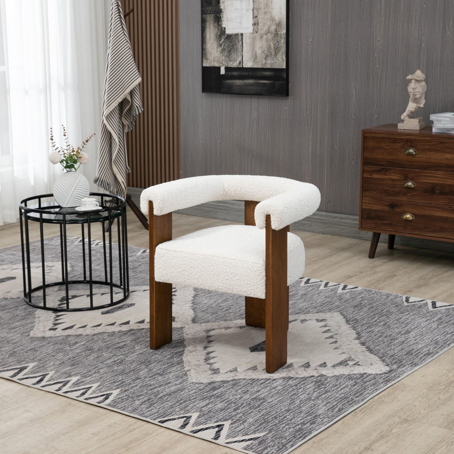 Meridian Furniture 562Cream-C Barrel Collection Mid-Century Modern Boucle Fabric Upholstered Dining Chair with Solid Wood Walnut Finish, Rich Cream Boucle Fabric, 27.5" W x 24" D x 28" H, Cream