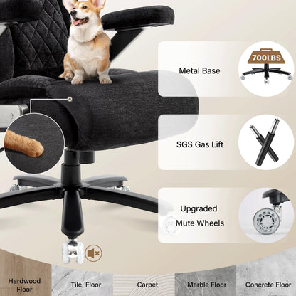 Fabric 700lbs Big and Tall Office Chair, Ergonomic Heavy Duty Executive Cloth Office Chair with 5D Flip Arms & Adjustable Lumbar Support & Dual Rubber Wheel, Large Thick Padded Extra Wide Seat, Black