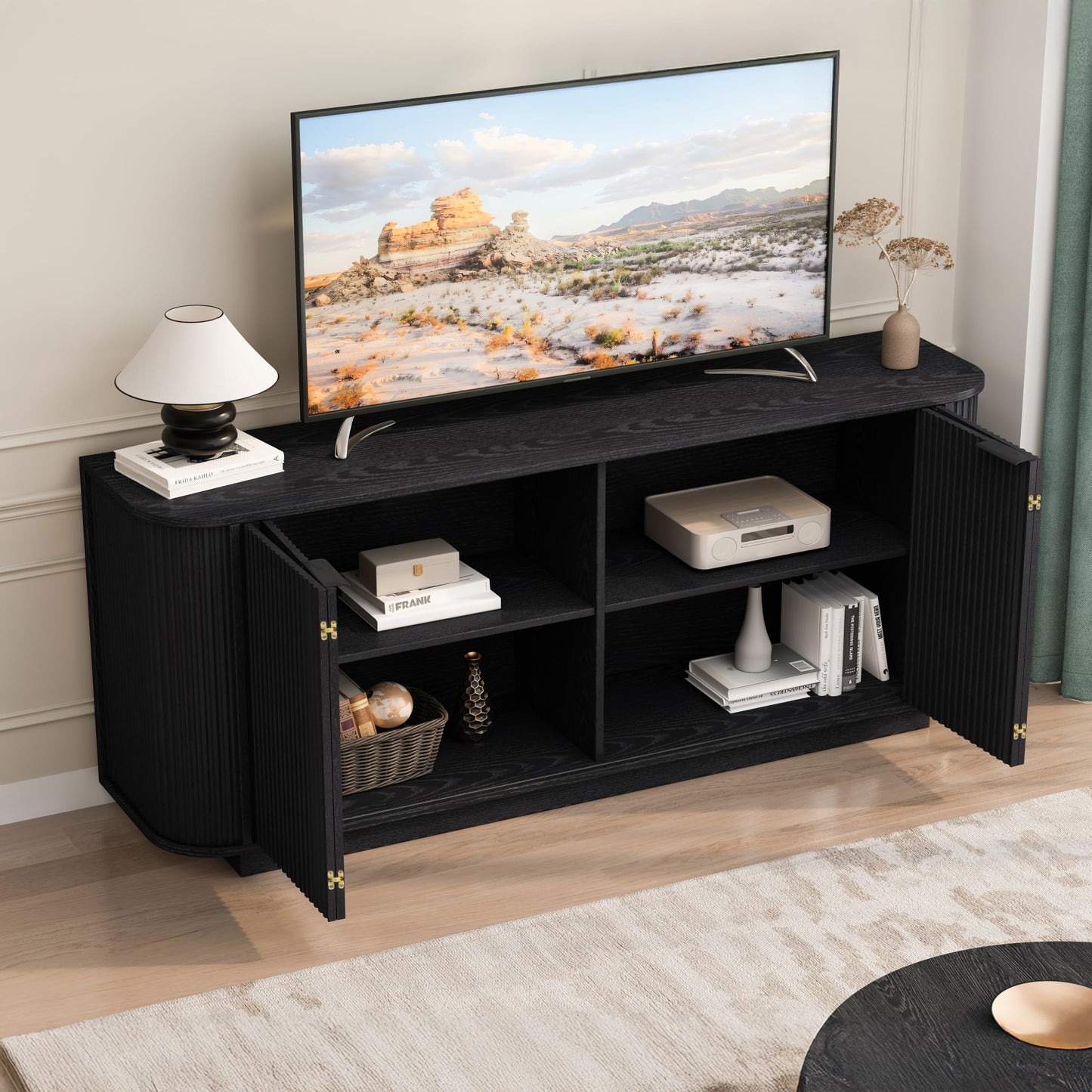GDFStudio 63" Mid Century Modern Buffet Cabinet with Wavy Doors, Wood Sideboard Cabinet with Adjustable Shelves & 2 Doors, Storage Credenza Console Table for Dining Room Living Room Entryway, Black