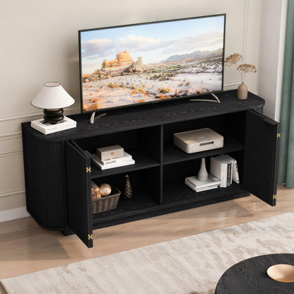 GDFStudio 63" Mid Century Modern Buffet Cabinet with Wavy Doors, Wood Sideboard Cabinet with Adjustable Shelves & 2 Doors, Storage Credenza Console Table for Dining Room Living Room Entryway, Black